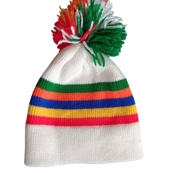 Vintage White Knit Beanie With Multi-Color Stripes & Pom 1980's Rainbow LBGTQ - Picture 2 of 4
